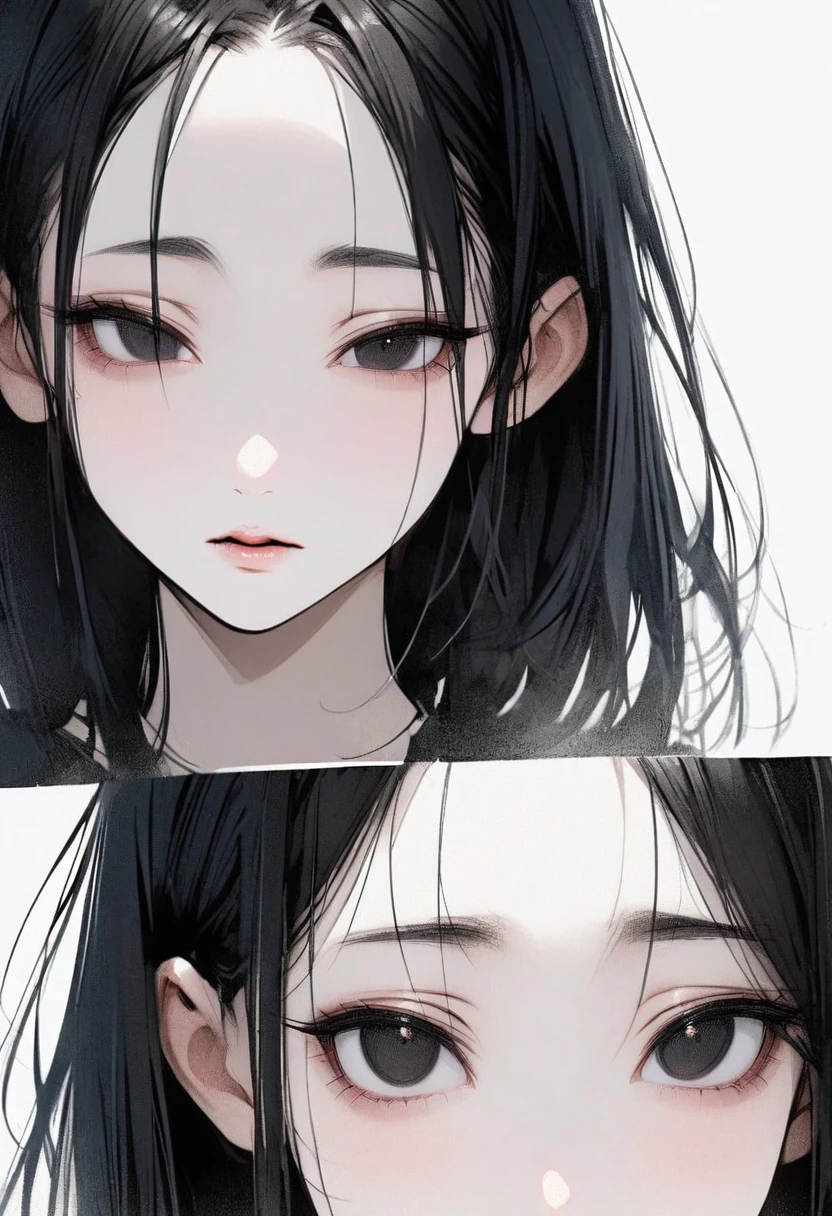 thin, pale, Pure, simple, White background, close-up of the face, black hair, black eyes, straight hair, Asian eyes, slanted eyes, Small eyes, narrow eyes, Chinese eyes, large forehead, delicate, woman, adult, mature, (small eyes), buns