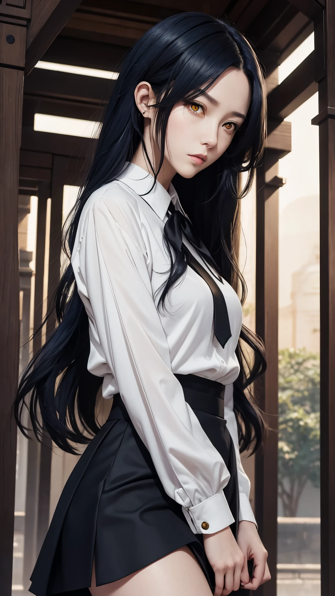Magane chikujoin, Re-creators, tall height and slim build woman, pale tone of skin, waist lenght hair, dark blue hair, wavy hair, Two strands prominently stick out on either side of the head near the temples, large and intense yellow eyes, with resembling a cat's; white blouse with long sleevesand a black tie at the neck, black skirt reacking down to the ankles,