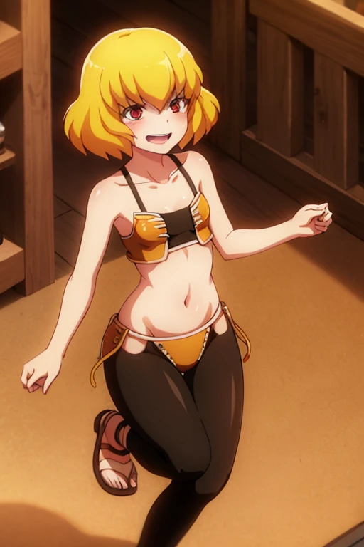((highest quality)), ((masterpiece)), (be familiar with), Perfect Face, indoor, Bedroom, Watching the audience,
One woman, Clementine,
Open Mouth, Ecstatic expression, blush, smile,
Small breasts, Flat Chest, Young Girl, , , Girl,
Short Hair, Golden Hair, Red eyes, Short Bob,
Leg spread,