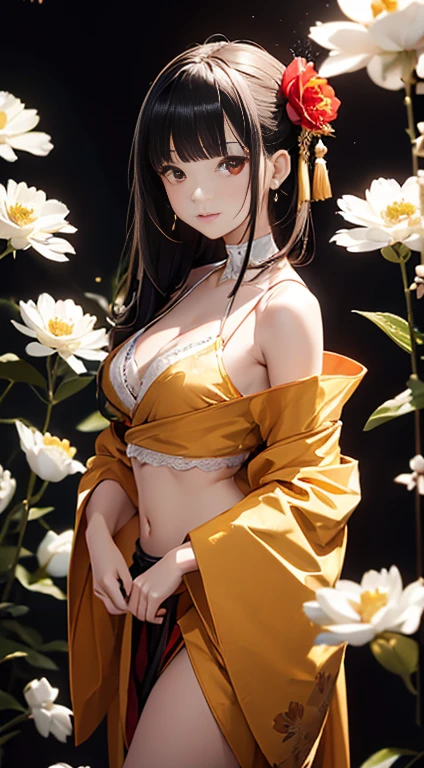 The background is a world of white flowers、Best Quality, masutepiece, High resolution, (((1lady))), sixteen years old,Red Eyes、((Bright golden kimono)), Tindall Effect, Realistic, Shadow Studio, Red lighting, dual-tone lighting, (High Detail Skins: 1.2) Digital SLR, Photo, High resolution, 4K, 8K,,Fade out beautifully、Off the shoulder、cleavage,cleavage cutout、(midriff peek:1.3)、Long straight black hair、Flower kanzashi