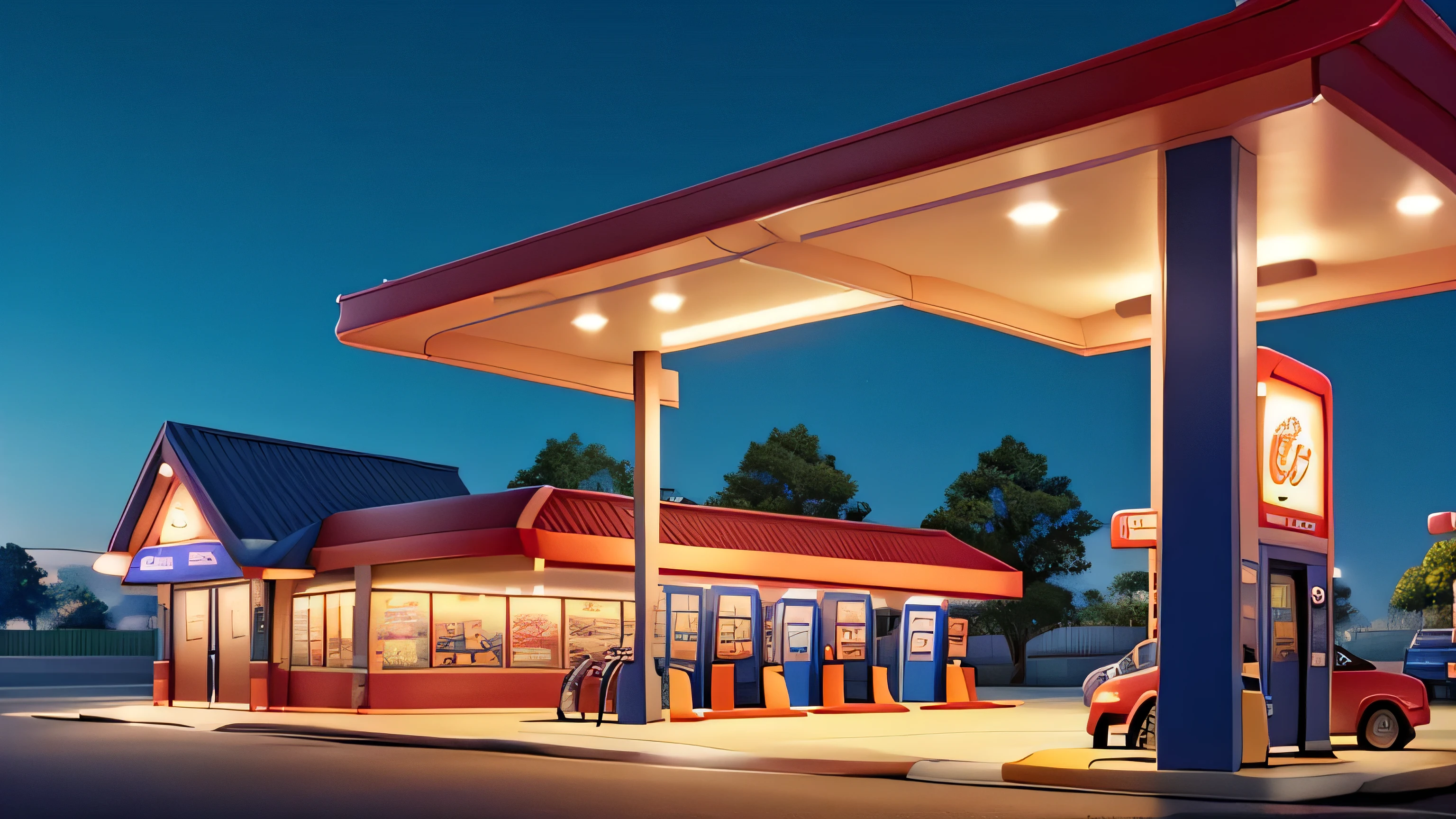 Envision a closeup photo of a gas station by night