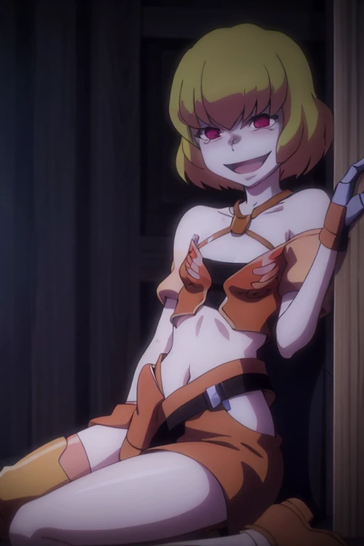 ((highest quality)), ((masterpiece)), (be familiar with), Perfect Face, indoor, Bedroom, Watching the audience,
One woman, Clementine,
Open Mouth, Ecstatic expression, blush, smile,
Small breasts, Flat Chest, Young Girl, , , Girl,
Short Hair, Golden Hair, Red eyes, Short Bob,
Leg spread,