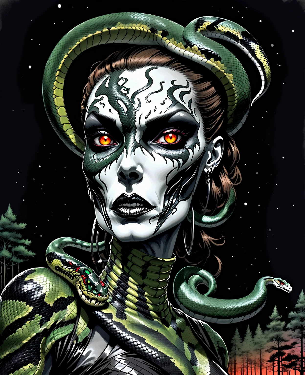 Medusa, splash page decompressed comic cover art, ink style figure,((expressive Joelle Jones and "Sean Gordon Murphy" comic drawing)), wordless, cinematic poster, double exposure, optical illusion, image within image, abyss void black no visibility darkness, full length portrait, (background, pine barrens, entropy, rewilding, magic hour sunset, galaxy stars, cosmos), (horror, abstract, surreal, body, cosmic), candid, snake skin dress, morphology anatomy drawn Frederic Delavier musculature anatomical illustration, (face, ornate black metal corpse paint, resembles Grace Jones), (body, Naga, snakefolk, lower body snake tail, snake woman hybrid, bald, hairless, skeleton, snake skin tattoos, piercing eyes, snake pupils, over the shoulder), (colors, bleak muted deep fiery radiant glowing ROYGBIV, forest green, earth brown), craftsmanship nuance, (Gerardo Zaffino charcoal), subliminal orchids, nyctophobia, silhouette
