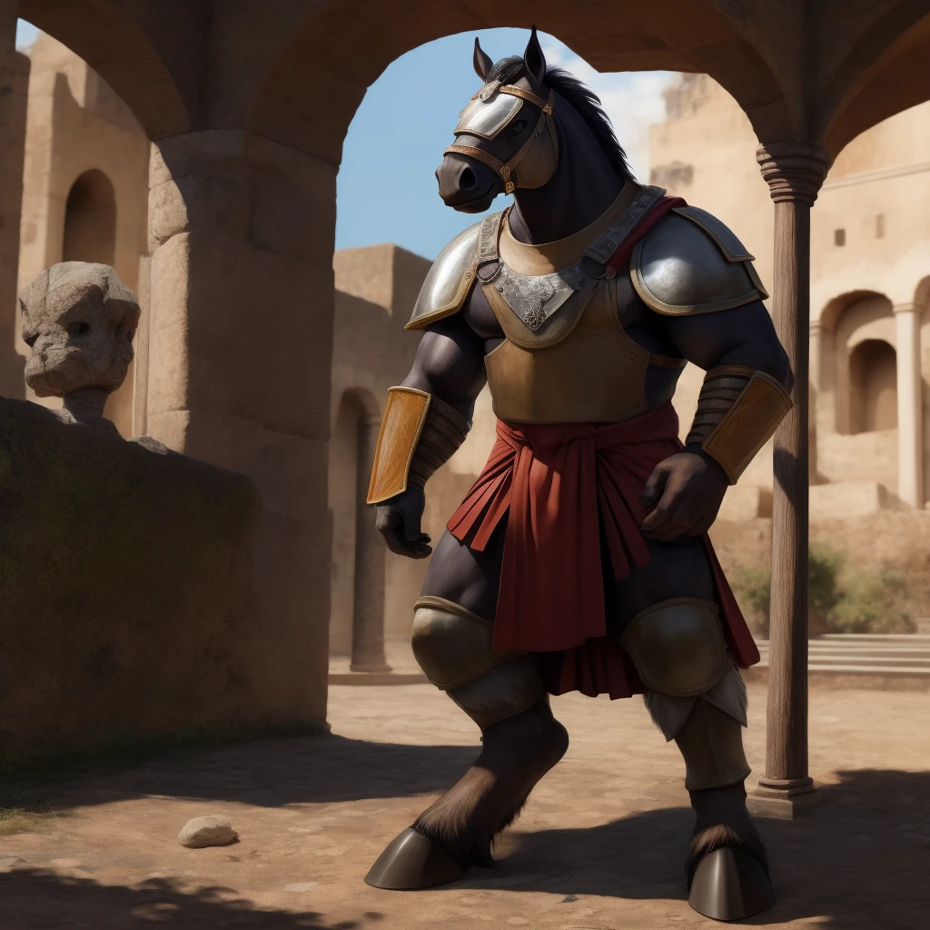  Antro, Furry Brown, Fundoshi [Antro Horse color Bronce brown] , [(roman soldier uniform), (armor) leather skirt], leather skirt, Solo, , [Bulto Male Big], Hooves , (Equine Tail), Detallado 4k, cuerpo completo,  fondo Antigua Roma, pupil Eyes Alta resolucion , Manos Perfectas, Torso cubierto con Peto de Metal, Falda, leather overalls, metal breastplate
