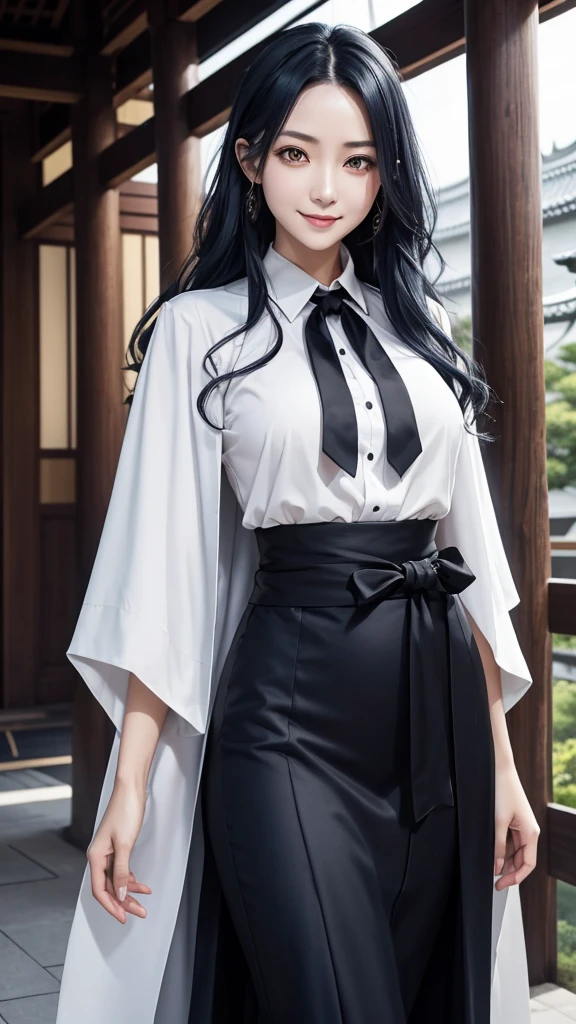 Magane chikujoin, Re-creators, sharp tooth, smiling face, tall height and slim build woman, pale tone of skin, waist lenght hair, dark blue hair, wavy hair, Two strands prominently stick out on either side of the head near the temples, large and intense yellow eyes, with resembling a cat's; white blouse with long sleevesand a black tie at the neck, black skirt reacking down to the ankles, long and flowing cape/kimono, featuring mixed patterns that may include traditional Japanese elements, hanging loosely from the shoulders,