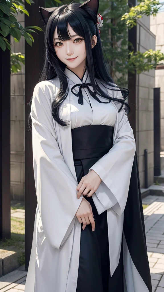 Magane chikujoin, Re-creators, sharp tooth, smiling face, tall height and slim build woman, pale tone of skin, waist lenght hair, dark blue hair, wavy hair, Two strands prominently stick out on either side of the head near the temples, large and intense yellow eyes, with resembling a cat's; white blouse with long sleevesand a black tie at the neck, black skirt reacking down to the ankles, long and flowing cape/kimono, featuring mixed patterns that may include traditional Japanese elements, hanging loosely from the shoulders,