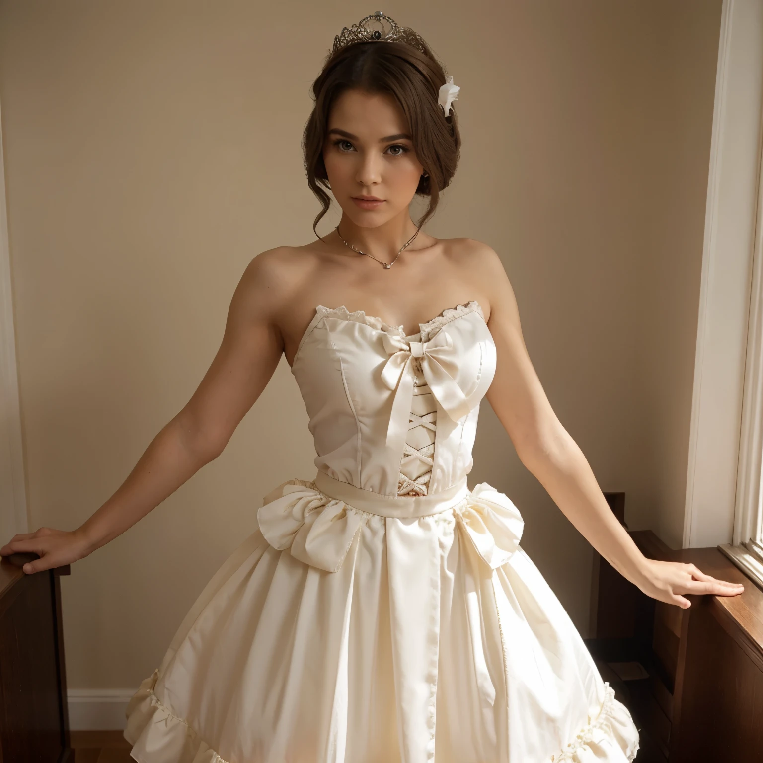 ((young girl))((ten bride))((12ear-girl (wearing a satin high back corset wedding dress) (standing in a ballroom,