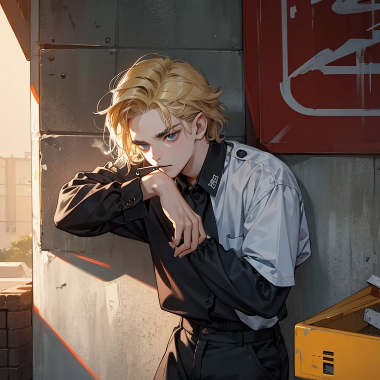 Stranger things, 80' aesthetics. A male young adult leaning against a wall while smoking, wear a cashier uniform and look very bored while smoking. Blonde messy hair. The young male Look stoned and tired as he lean against a wall with his cigarette. 