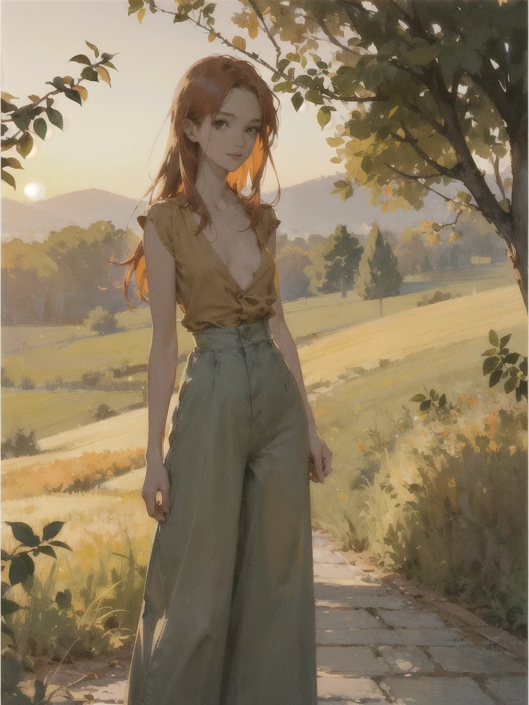Beautiful slender thin exquisite (nude) girl 16 years old with a perfect face of the southern type with red hair with tender breasts with tender nipples barefoot with bare hips ((with red pubic hairs)) ((in an unbuttoned orange shirt over a naked body and very wide, long, loose flared culottes)) walks along a brick road in the middle of a flowering field, in a gentle watercolor style, Discreet shades, sfumato, haze, diffused dim light, delicate mint shades, imitation of film photography, sunset lighting, Warm evening shades, warm golden and olive sunset light