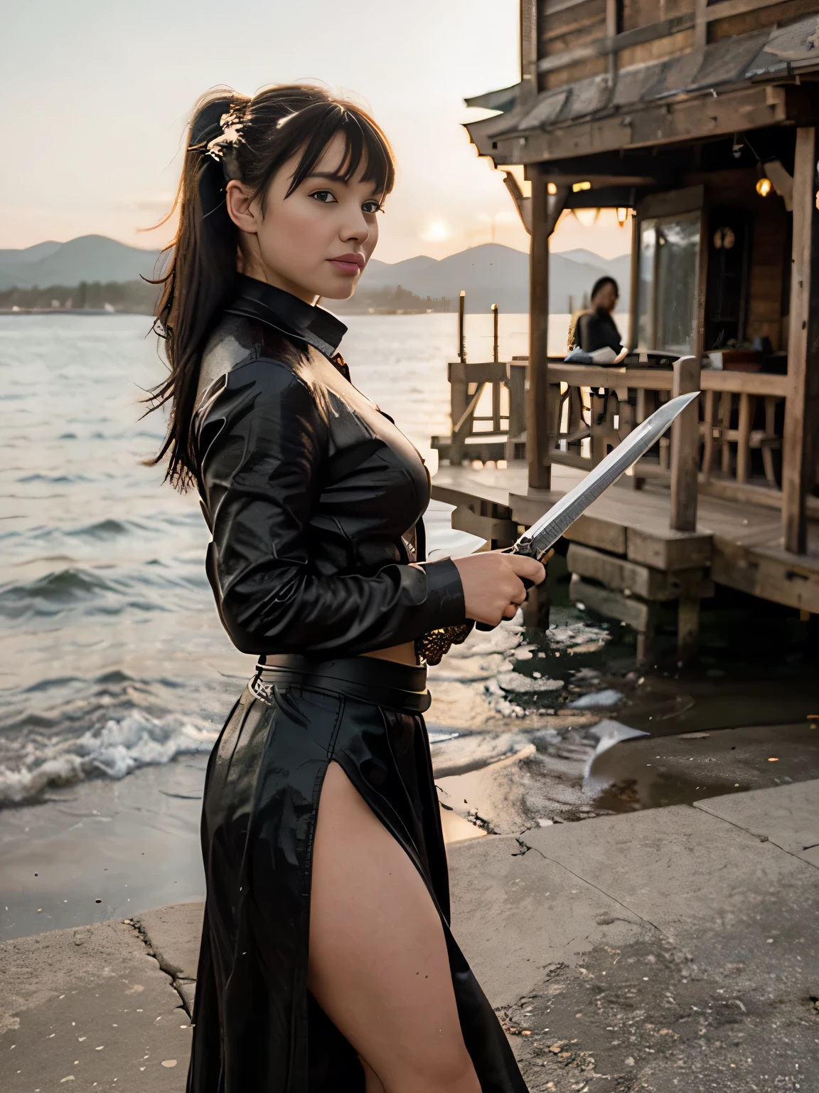 ((fantasy setting)), (old fashioned), (realistic), (facing camera), (year 1400), (western), 1 girl serious  Bettie Page , black ponytail hair, standing on pier, relaxed, 20 years old, leather armor,  Brown long maxi-skirt(black long maxi-skirt:1.2 , busy surroundings, brown coat, holding a sword in one hand, flirting with the camera,