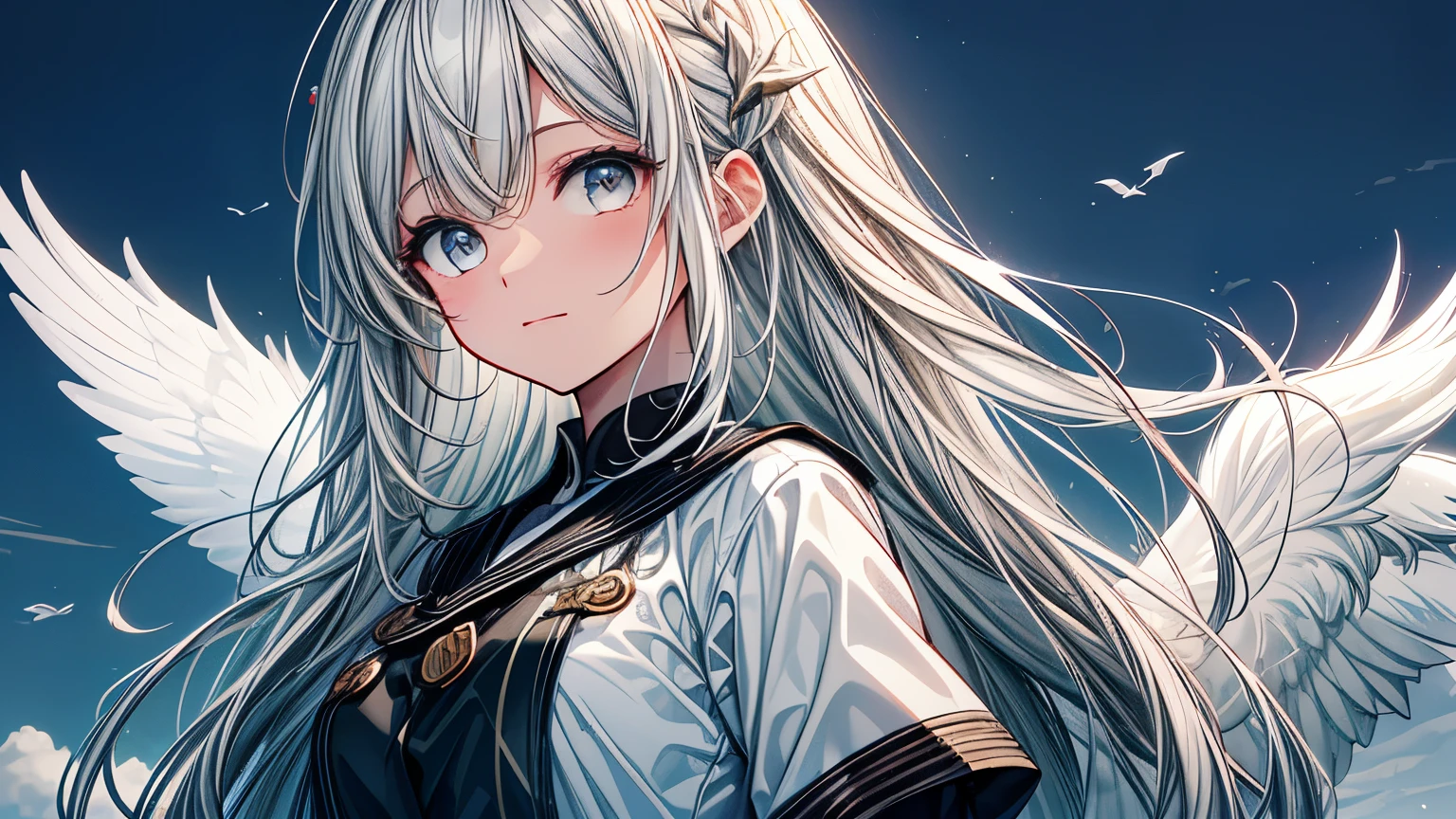 8k resolution, ((of the highest quality)), ((Obra maestra)), ((super detailed)), (muy delicado y hermoso), con a girl, solo, gentle expression, Ella es muy(relajarse)con(calma)apariencia,pelo gris, Depth of written limits., Sonrisa brillante, ojos amarillos brillantes, pelo blanco brillante, hermoso fondo, Cabello Largo - Arte Lineal, Falda negra, Uniforme blanco como un traje de marinero., angel, angelの白い翼, Plumas blancas revoloteando, Eyes that shine like amber, ojo superior, ojos maravillosos