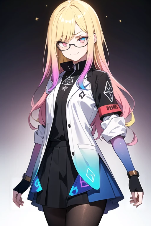 (blonde hair, very long hair, sidelocks), (eyes with a mix of yellow and blue irises:1.5), two-tone eyes, multicolored eyes gradient eyes, white and blue jacket with constellation prints, (best quality,4k,8k,highres,masterpiece:1.2), ultra-detailed, portraits, (HDR:1.1), (vivid colors:1.1), (studio lighting), (bokeh), (highly saturated colors), (soft lighting), (detailed background), (subtle shadows), (ethereal glow), (pastel color palette), (delicate details), (crisp focus), (fine brushwork), (exceptional artistry), (masterpiece-worthy), (awe-inspiring), blonde hair, very long hair, sidelocks, (eyes with a mix of yellow and blue irises:1.5), two-tone eyes, (multicolored eyes:2.0) (gradient eyes:2.0), white and blue jacket with constellation prints, (metallic skirt), (pantyhose:1.25), (smirk:1.25), (smug:1.25), (naughty face:1.5), (mischievous:1.25), futuristic clothing, (science fiction setting:1.5), high-tech, glowing eyes, (unicursal hexagram-shaped irises:1.5), (cowboy shot:1.5), glasses, small glasses, thin glasses, rectangular glasses, small breasts, glowing clothing, (hologram armband1.5)