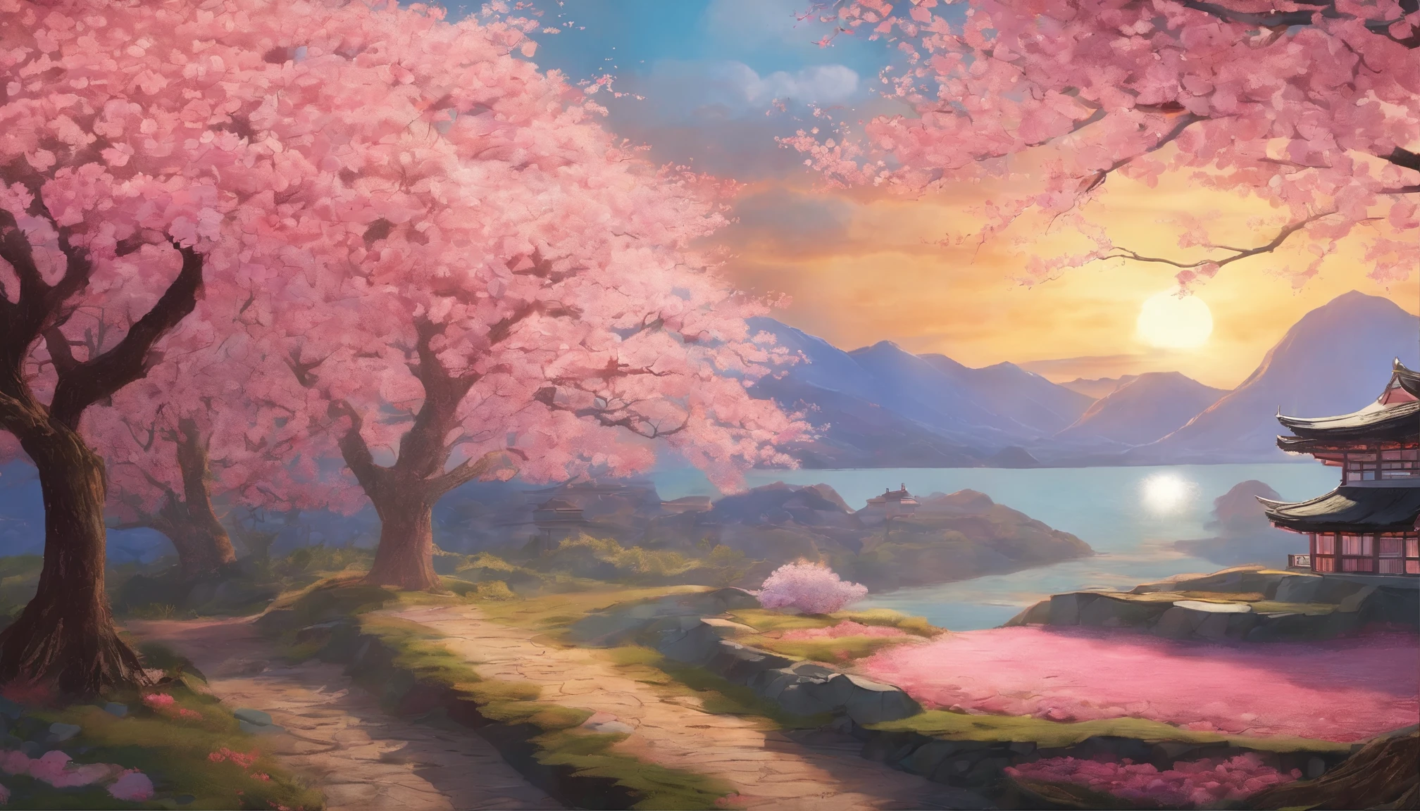 Hidenori Matsubara, A vibrant fantasy landscape, cherry blossom petals falling, Illuminated by a warm and inviting sunset, Smooth shadows and textures, and a subtle glow