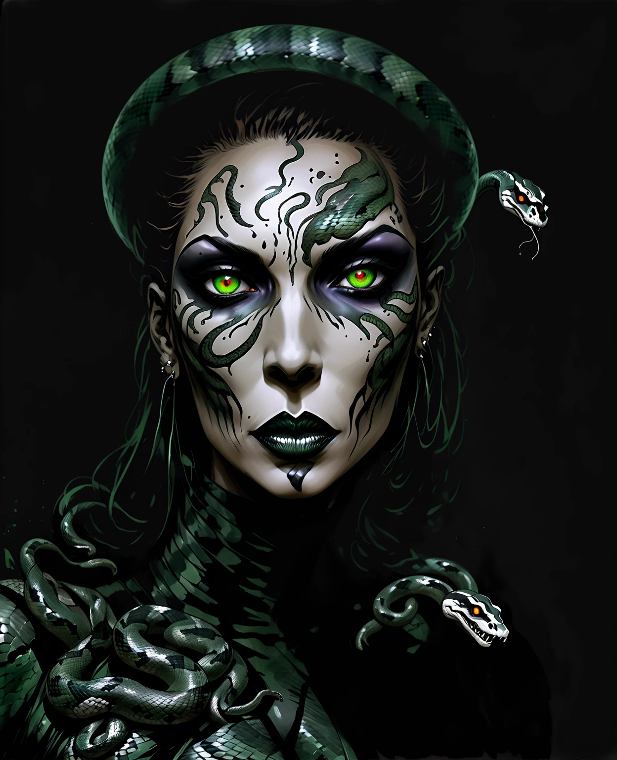 Medusa, splash page decompressed comic cover art, ink style figure,((expressive Joelle Jones and "Sean Gordon Murphy" comic drawing)), wordless, cinematic poster, double exposure, optical illusion, image within image, abyss void black no visibility darkness, full length portrait, (background, pine barrens, entropy, rewilding, magic hour sunset, galaxy stars, cosmos), (horror, abstract, surreal, body, cosmic), candid, snake skin dress, morphology anatomy drawn Frederic Delavier musculature anatomical illustration, (face, ornate black metal corpse paint, resembles Grace Jones), (body, Naga, snakefolk, lower body snake tail, snake woman hybrid, bald, hairless, skeleton, snake skin tattoos, piercing eyes, snake pupils, over the shoulder), (colors, bleak muted deep fiery radiant glowing ROYGBIV, forest green, earth brown), craftsmanship nuance, (Gerardo Zaffino charcoal), subliminal orchids, nyctophobia, silhouette