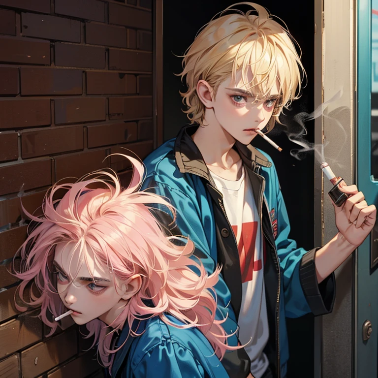 Stranger things, 80' aesthetics. A male young adult leaning against a wall while smoking, wear a cashier uniform and look very bored while smoking. Blonde messy hair with pink strands. The young male Look stoned and tired as he lean against a wall with his cigarette. The guy looks like a stoner and a metalhead.