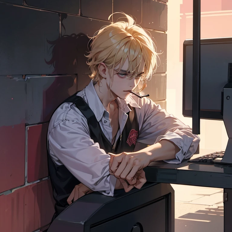 Stranger things, 80' aesthetics. A male young adult leaning against a wall while smoking, wear a cashier uniform and look very bored while smoking. Blonde messy hair with pink strands. The young male Look stoned and tired as he lean against a wall with his cigarette. The guy looks like a stoner and a metalhead.