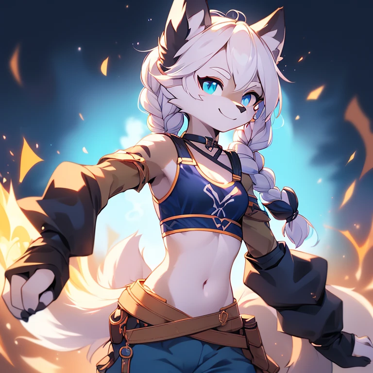 Solo, Young Female white fox-cat (((lean-body))) (((small breasts))) (short snout),(((black fur stripe between neck and shoulder towards chest))) ((black fur stripe on waist))(ears are darker), (heterochromia(orange, violet)), (cat tail (black at end)), (white hair (single-braided)), (fantasy adventure type clothing ((violet shirt(crop top) bellybutton showing), golden-brown cloak, (navy-blue belt) khaki pants)), happy ((looking at viewer)) ((Female wolf))