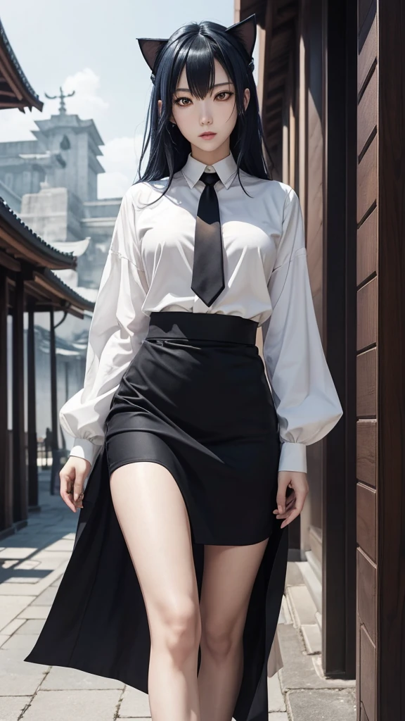 Magane chikujoin, Re-creators, tall height and slim build woman, pale tone of skin, waist lenght hair, dark blue hair, wavy hair, Two strands prominently stick out on either side of the head near the temples, large and intense yellow eyes, with resembling a cat's; white blouse with long sleevesand a black tie at the neck, black skirt reacking down to the ankles, 