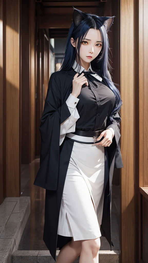 Magane chikujoin, Re-creators, tall height and slim build woman, pale tone of skin, waist lenght hair, dark blue hair, wavy hair, Two strands prominently stick out on either side of the head near the temples, large and intense yellow eyes, with resembling a cat's; white blouse with long sleevesand a black tie at the neck, black skirt reacking down to the ankles, 