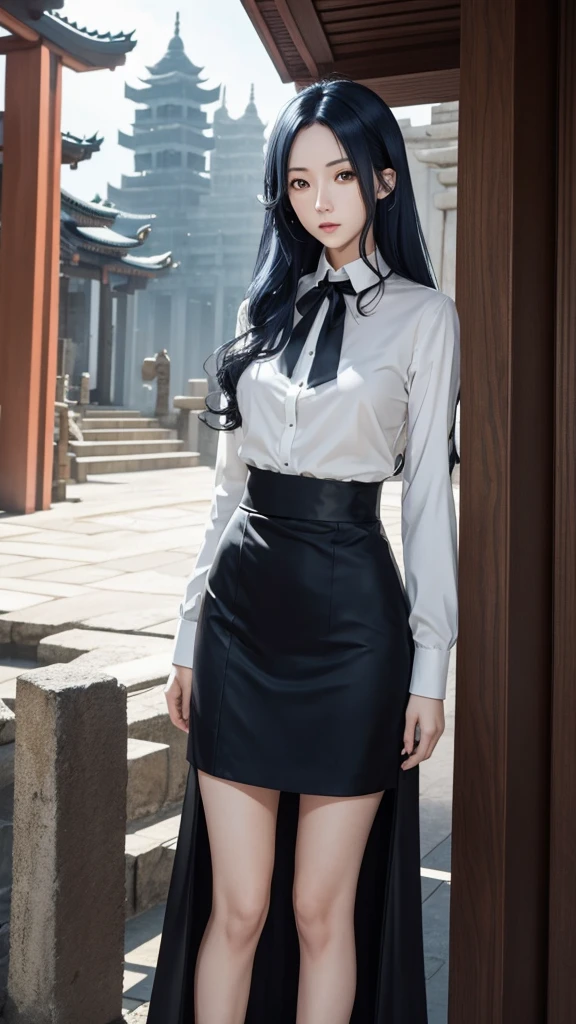 Magane chikujoin, Re-creators, tall height and slim build woman, pale tone of skin, waist lenght hair, dark blue hair, wavy hair, Two strands prominently stick out on either side of the head near the temples, large and intense yellow eyes, with resembling a cat's; white blouse with long sleevesand a black tie at the neck, black skirt reacking down to the ankles,