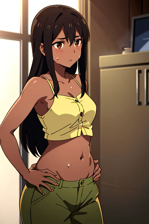 Hayase Nagatoro, wearing sexy black bikini under long white t-shirt, oversized white t-shirt, wet t-shirt see through, beach, wet, black hair, 1girl, solo, masterpiece, professional artwork, famous artwork, perfect face,perfect eyes, Nagatoro Hayase, hair ornament, brown eyes,(glowing eyes:1.1), hair clip ,dark skin, black hair, black hair, beautiful face, evil smile, evil eyes, ((perfect female body, narrow waist)), tan lines from school swimsuit, tanned skin with tanlines from swimsuit