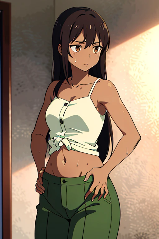 (masterpiece, top quality, best quality), brown skin anime girl wearing a button up cami top and trousers, famished in hunger, (gently resting hands on stomach), (sweating), (long hair), (hands on her stomach)