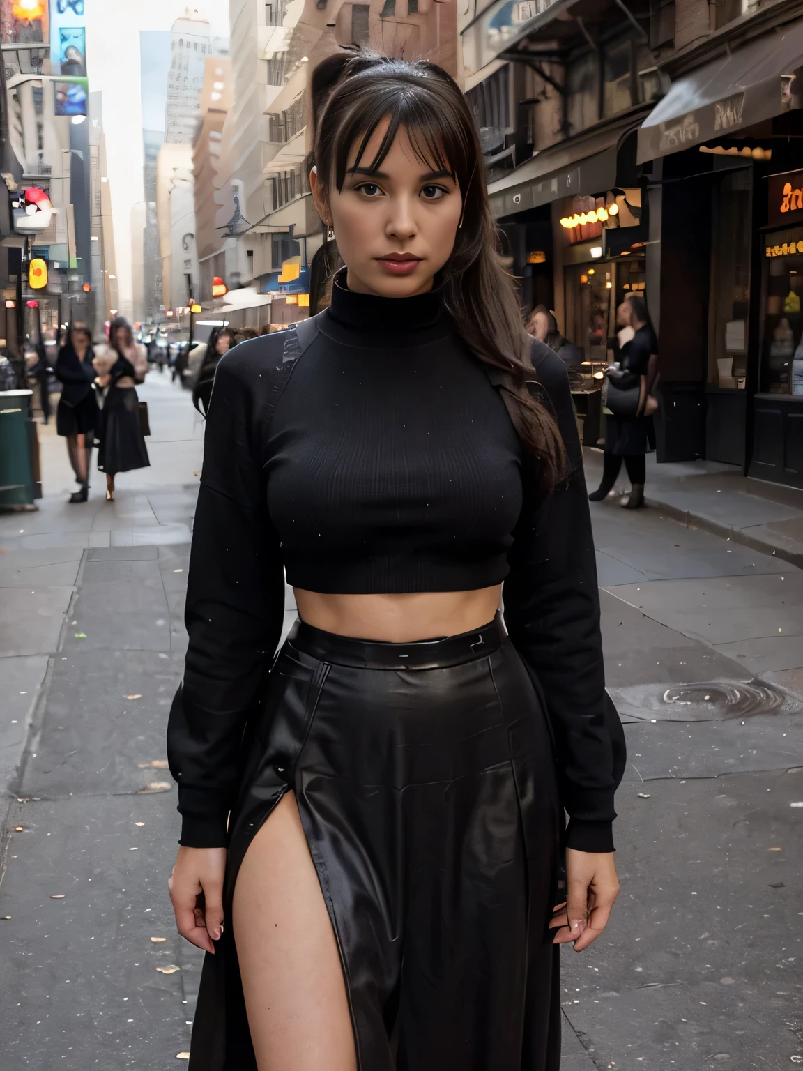 ((fantasy setting)), (old fashioned), (realistic), (facing camera), (year 1400), (western), 1 girl serious Bettie Page , black ponytail hair, standing in new york street, relaxed, 20 years old, miniskirt, Brown long maxi-skirt(black long maxi-skirt:1.2 , busy surroundings, flirting with the camera,
