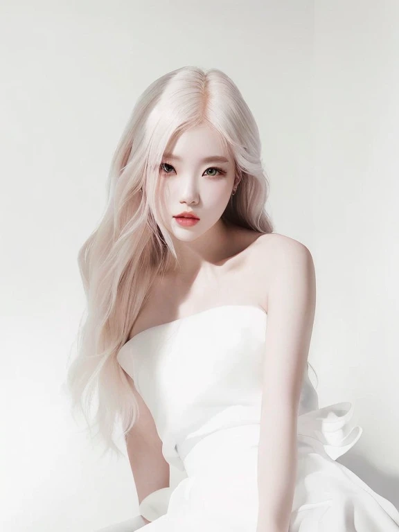 ((4k, mejor calidad))Un primer plano de una mujer coreana con un vestido blanco sentada en una silla, albino pale white skin, parque roseanne de blackpink, con pelo largo y blanco, con el pelo largo y blanco, su cabello es blanco, pale piel blanca de porcelana, jossi de blackpink, hermoso cabello blanco, jia, pale milky white porcelain skin, piel blanca de porcelana, color de pelo blanco, pale, shiny skin, maquillaje popular de Corea del Sur