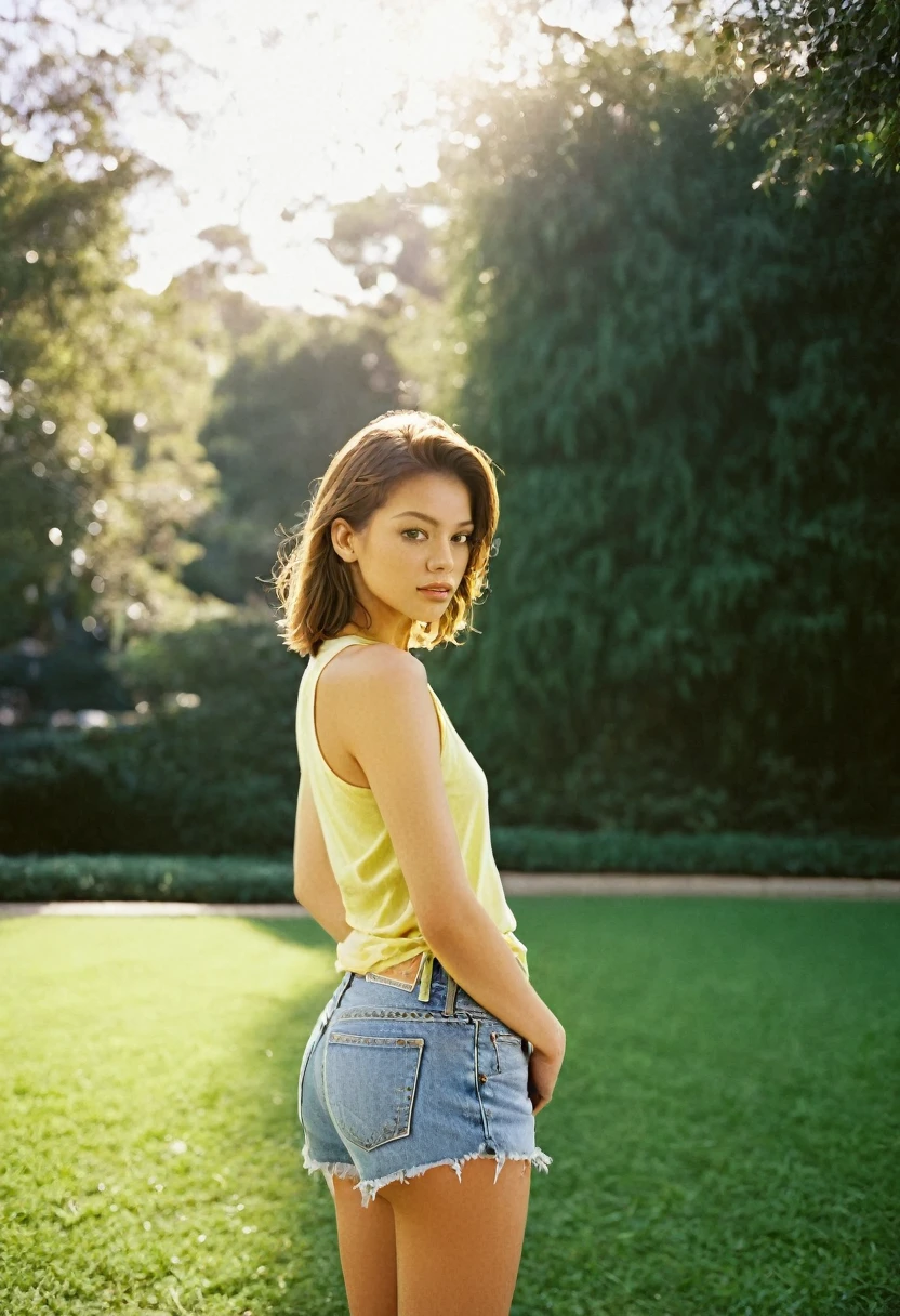 photograph of beautiful woman, outdoors in a park,  photorealistic, analog film photograph, masterpiece, soft light, ultrasharp, photorealistic, bokeh, photographic image from an Olympus OM1, Ektachrome 400 film, 120 mm lens, professional photographer, mario testino, yoko, back view, wearing a sleeveless cutoff t-shirt (SFW) micro jean shorts, looking at viewer,
