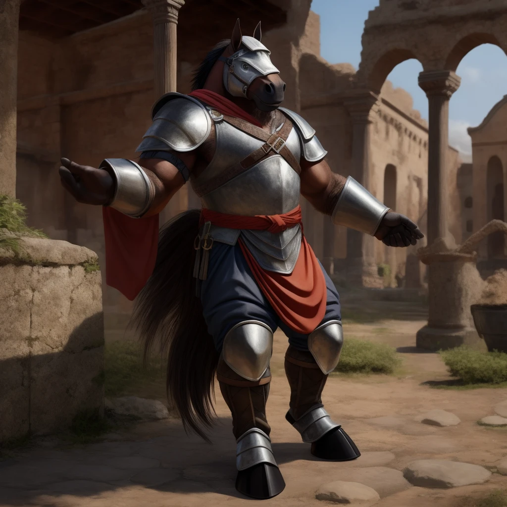  Antro, Furry Brown Black, Fundoshi [Antro Horse color Black] , [(roman soldier uniform), (armor) leather skirt], leather skirt, Solo, , [Bulto Male Big], Hooves , (Equine Tail), Detallado 4k, cuerpo completo,  fondo Antigua Roma, pupil Eyes Alta resolucion , Manos Perfectas, Torso cubierto con Peto de Metal, Falda, leather overalls, metal breastplate, Metal Armor