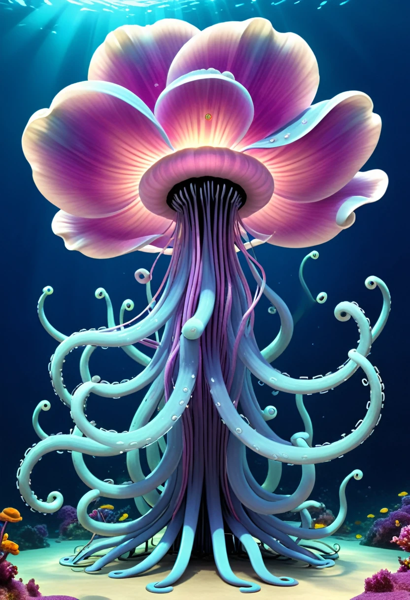 A gigantic anemone with undulating tentacles, some shaped like electronic circuits.