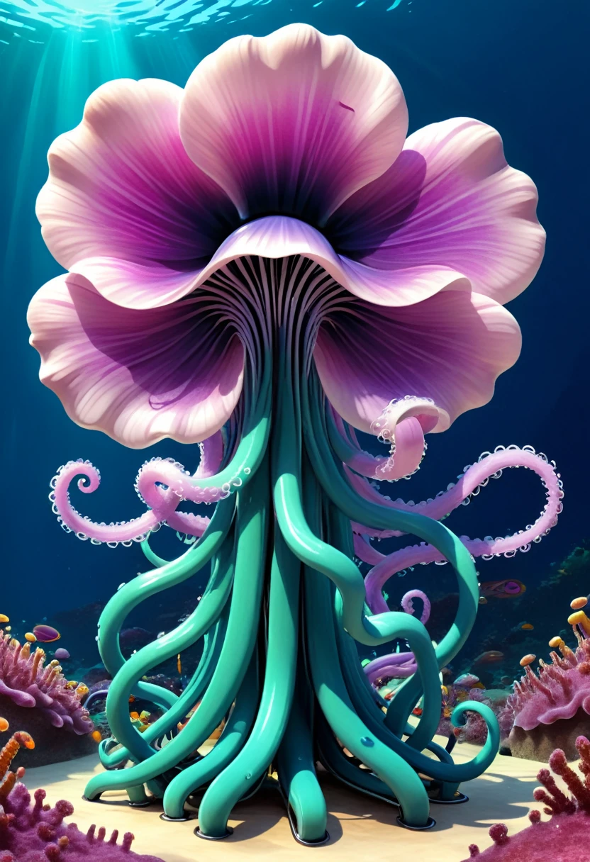 A gigantic anemone with undulating tentacles, some shaped like electronic circuits.