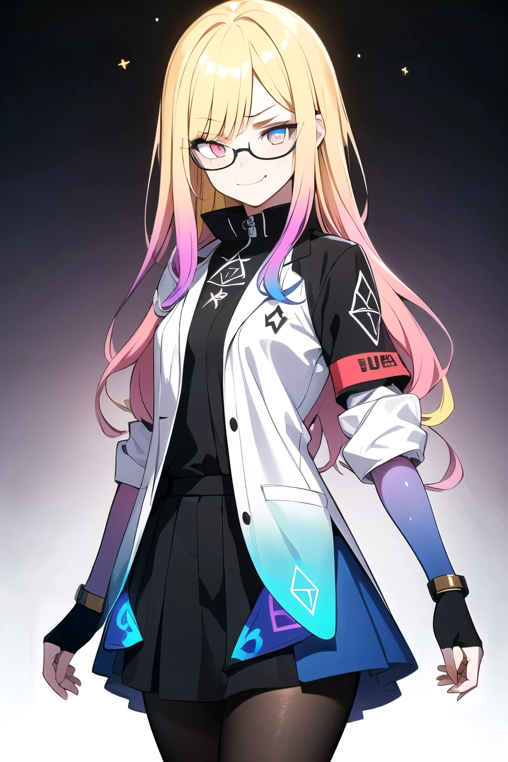 (blonde hair, very long hair, sidelocks), (eyes with a mix of yellow and blue irises:1.5), two-tone eyes, multicolored eyes gradient eyes, white and blue jacket with constellation prints, (best quality,4k,8k,highres,masterpiece:1.2), ultra-detailed, portraits, (HDR:1.1), (vivid colors:1.1), (studio lighting), (bokeh), (highly saturated colors), (soft lighting), (detailed background), (subtle shadows), (ethereal glow), (pastel color palette), (delicate details), (crisp focus), (fine brushwork), (exceptional artistry), (masterpiece-worthy), (awe-inspiring), blonde hair, very long hair, sidelocks, (eyes with a mix of yellow and blue irises:1.5), two-tone eyes, (multicolored eyes:2.0) (gradient eyes:2.0), white and blue jacket with constellation prints, (metallic skirt), (pantyhose:1.25), (smirk:1.25), (smug:1.25), (naughty face:1.5), (mischievous:1.25), futuristic clothing, (science fiction setting:1.5), high-tech, glowing eyes, (unicursal hexagram-shaped irises:1.5), (cowboy shot:1.5), glasses, small glasses, thin glasses, rectangular glasses, small breasts, glowing clothing, (hologram armband1.5)