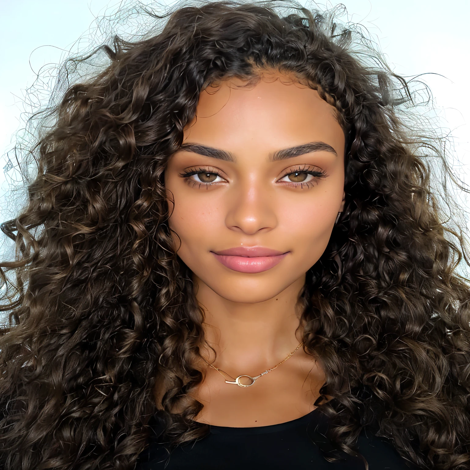 a close up of a woman with long curly hair and a necklace, curly middle part haircut, portrait of vanessa morgan, brown curly hair, curly, with long curly hair, vanessa morgan, curly haired, imaan hammam, she has olive brown skin, her face framed with curls, curly brown hair, messy curly hair, long messy curly hair, black curly hair