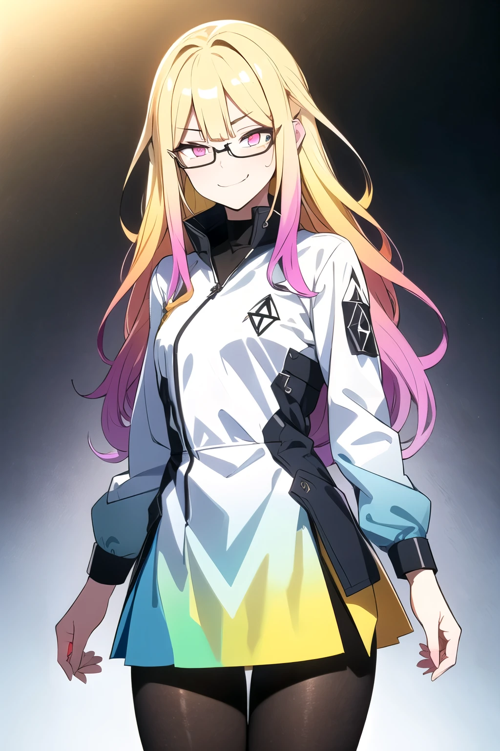 (blonde hair, very long hair, sidelocks), (eyes with a mix of yellow and blue irises:1.5), two-tone eyes, multicolored eyes gradient eyes, white and blue jacket with constellation prints, (best quality,4k,8k,highres,masterpiece:1.2), ultra-detailed, portraits, (HDR:1.1), (vivid colors:1.1), (studio lighting), (bokeh), (highly saturated colors), (soft lighting), (detailed background), (subtle shadows), (ethereal glow), (pastel color palette), (delicate details), (crisp focus), (fine brushwork), (exceptional artistry), (masterpiece-worthy), (awe-inspiring), blonde hair, very long hair, sidelocks, (eyes with a mix of yellow and blue irises:1.5), two-tone eyes, (multicolored eyes:2.0) (gradient eyes:2.0), white and blue jacket with constellation prints, (metallic skirt), (pantyhose:1.25), (smirk:1.25), (smug:1.25), (naughty face:1.5), (mischievous:1.25), futuristic clothing, (science fiction setting:1.5), high-tech, glowing eyes, (unicursal hexagram-shaped irises:1.5), (cowboy shot:1.5), glasses, small glasses, thin glasses, rectangular glasses, small breasts, glowing clothing, (hologram armband1.5)