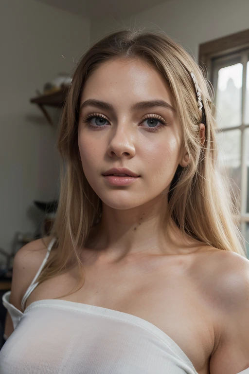 like she was taking a selfie, selfie camera angle, heavy freckles on nose and cheeks, freckles, freckles on chest, breathtaking cinematic photo of a 19 year old girl with platinum blonde hair and brown eyes, happy, cheerful expression, closed mouth, beautiful lips, intricate details, shallow depth of field, highly detailed, high budget, open top cute shirt, epic Hollywood film, gorgeous, masterpiece, award-winning, professional, highly detailed, detailed skin texture, , (blush: 0.5), (goosebumps: 0.5). (the most beautiful woman in the world) (platinum blonde hair) (single braid) thin face, thin nose, beautiful, very beautiful, perfect face, slender body (slender), (platinum blonde hair) (brown eyes ) (white skin) Beautiful body, (small perky breastuscular definition, small pectorals, western face, predatory eyes, pink lips, thick thighs, full body, western beauty, thin nose, beautiful, perfect, ((best quality)), ((ultra resolution)), ((photorealistic: 1.4)), (intricate details), perfect face, makeup: 1.5 , clear face, facial details. front view