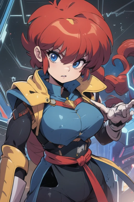 Ranmachan, cabello rojo, Cabello con trenza, ojos azules, ojos detallados, cuerpo completo, Technological armorMix, Technological Armor