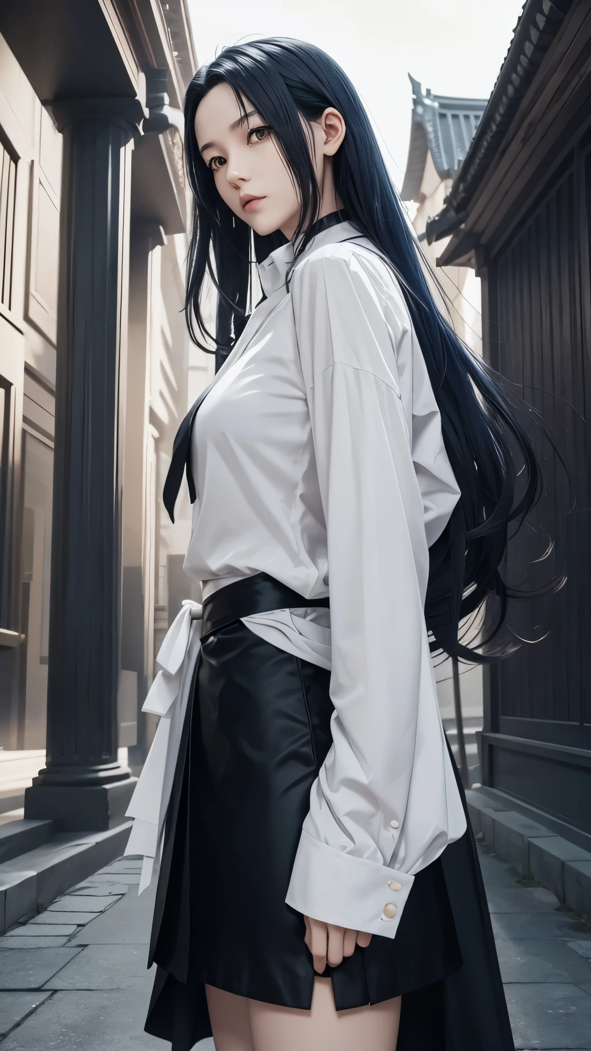 Magane chikujoin, Re-creators, tall height and slim build woman, pale tone of skin, waist lenght hair, dark blue hair, wavy hair, Two strands prominently stick out on either side of the head near the temples, large and intense yellow eyes, with resembling a cat's; white blouse with long sleevesand a black tie at the neck, black skirt reacking down to the ankles, 