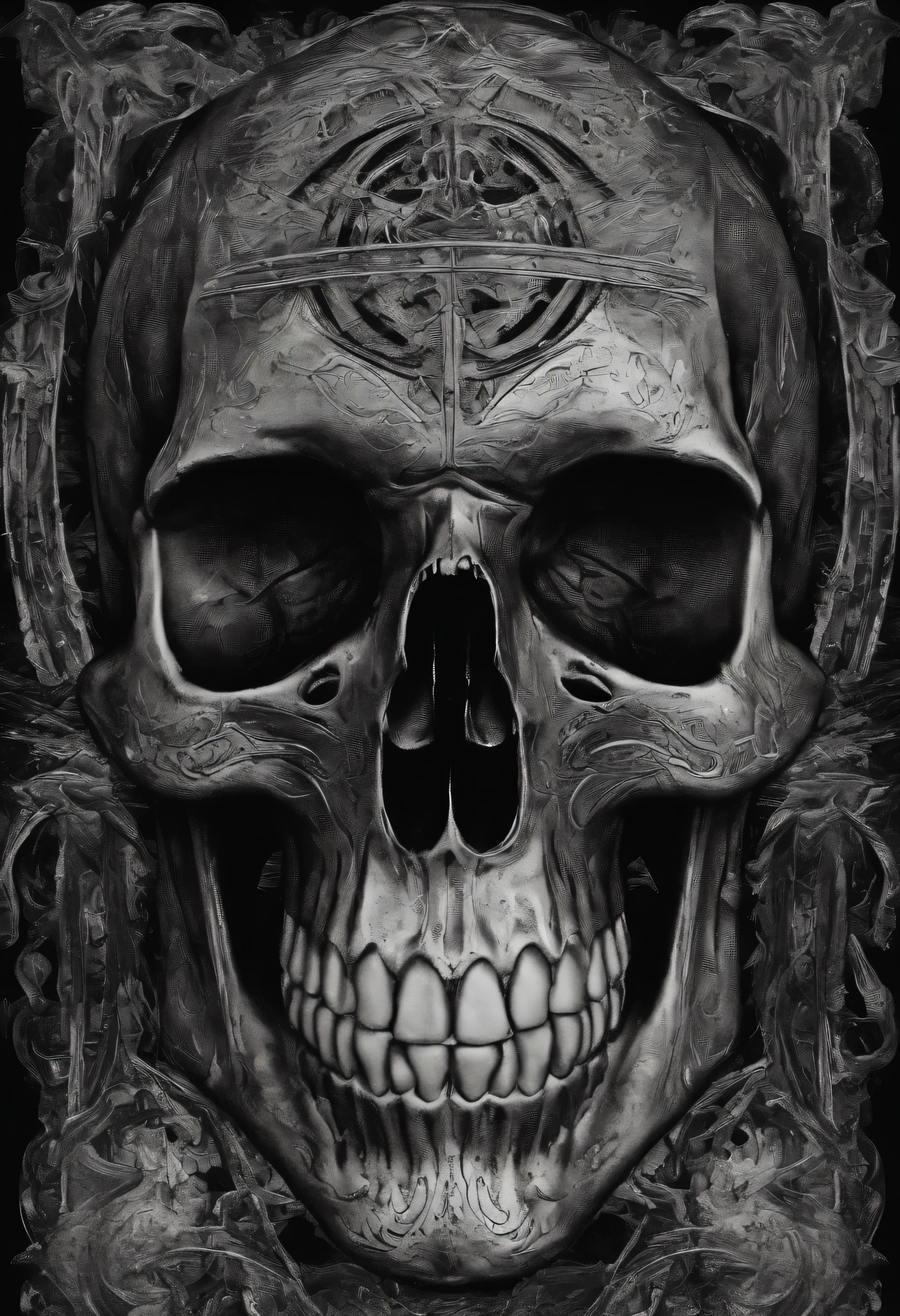 A close-up of a skull with a furious eye, lobo, Estilo Yoji Shinkawa, en blanco y negro, aspecto, super detailed,Viking symbols, shocking skull, dientes rotos, calavera de fantasia, Arte detallado colorido y aterrador, Arte colorido espeluznante 8k, calavera sagrada, Psychedelic background conjuration, arte digital detallado, textura, calavera sagradas , psychedelic illustration, calavera texturizada, cara de calavera, calavera de muerte, Arte colorido espeluznante, psychedelic art style