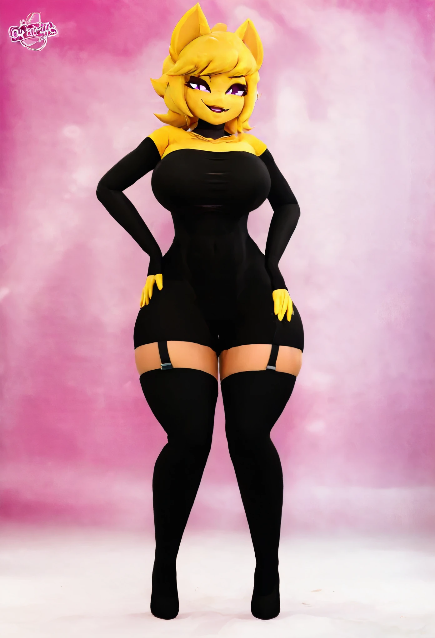 yellow hair, black dress, freckles, lipstick, big , purple eyes, Lucy Mann, big ass, seductive pose, solo, tight outfit