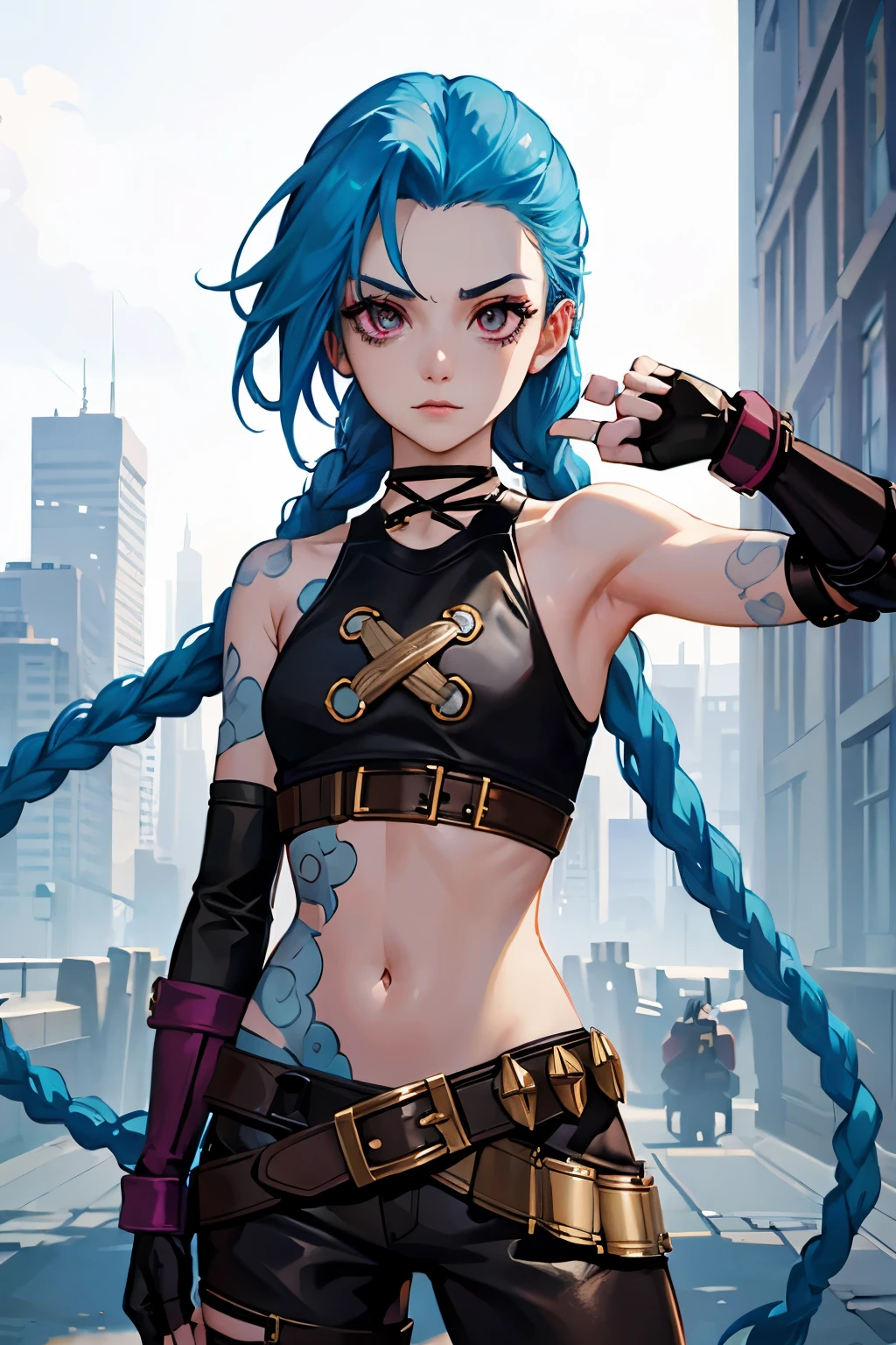 Jhinx, arcane, Jhinx character from League of Legends, long neon blue hair in braids, Perfect medium breasts, scantily clad, underwear, Sex Woman, perfect hands, double hair braids, Braided hair, Minipistola, Juxtaposition of light& shadow, moody, intense, feroz, cinematic lighting, rake light, Long luminous shadows, high quality, smiling while holding a shark-shaped rocket launcher, anime style face, perfect body, mini skirt, Steampunk clockpunk --ar 6:9 --s 1000 --c 12 --q 2 --v 5.2