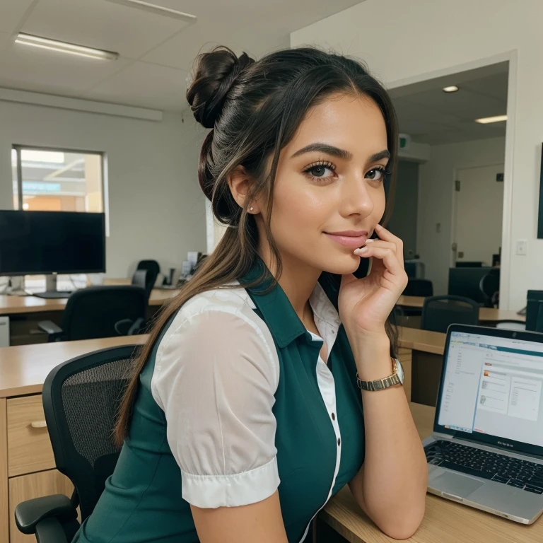 in the office, Sofia radiates professionalism and determination. Her green eyes shine with focus as she reviews documents and prepares reports.. Her long hair is elegantly tied into a low bun., mantendo-os fora do caminho enquanto ela trabalha.
Sofia is a collaborative and helpful colleague, sempre disposta a ajudar os outros membros da equipe. She stands out not only for her skill at work, but also for your ability to inspire and motivate colleagues around you.
Enquanto ela trabalha em sua mesa, Sofia occasionally pauses to take a sip of coffee, recarregando suas energias para continuar o dia produtivo. Your confident stance and positive attitude are contagious, elevando o moral de toda a equipe.
As the day comes to an end, Sofia completes her tasks efficiently, sabendo que fez o seu melhor. Ela se despede dos colegas com um sorriso caloroso, eager to face the challenges and opportunities that the next day will bring.