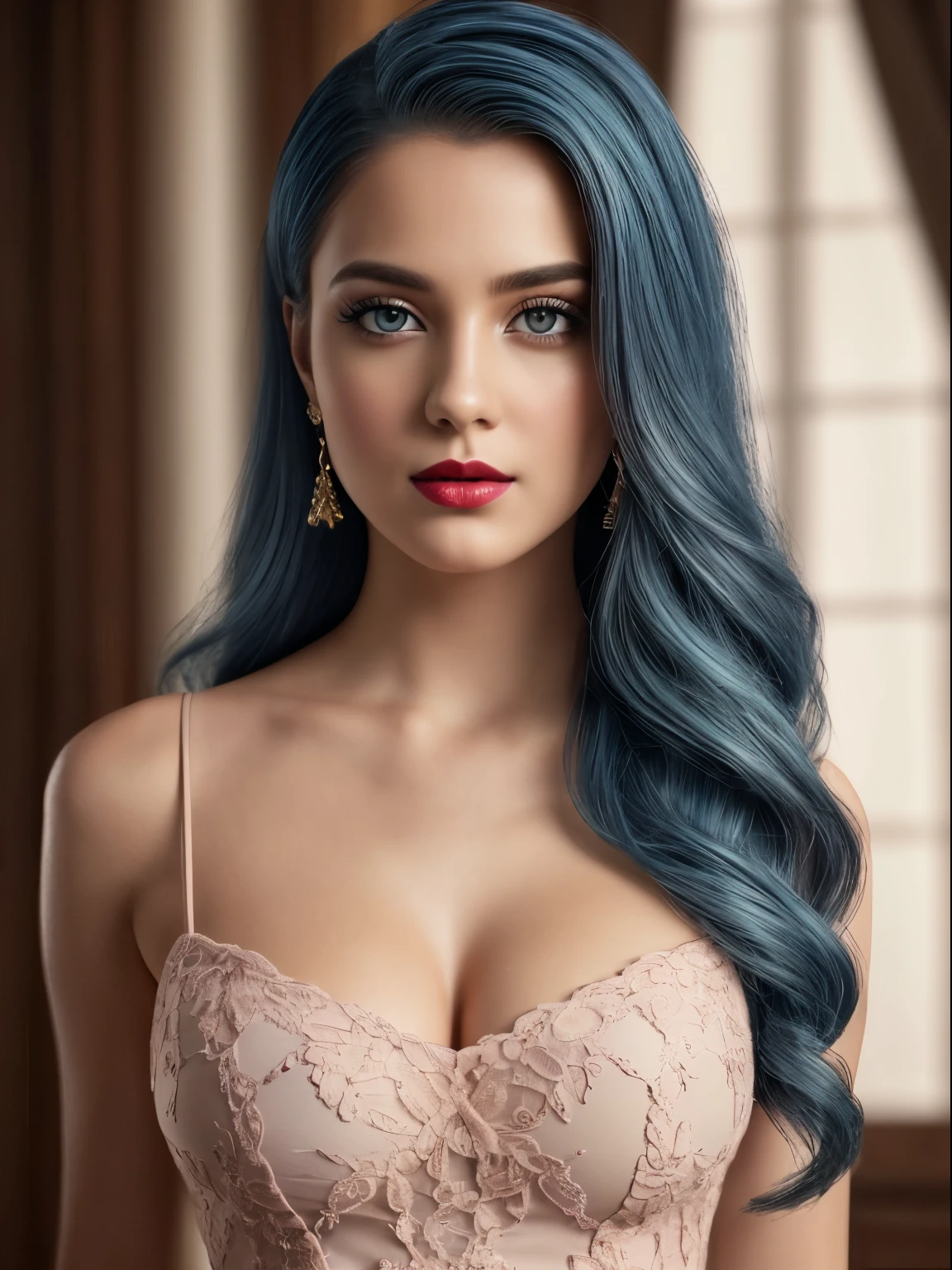 (Best quality,8K,A high resolution,Masterpiece:1.2, DSLR, 16k ),Ultra-detailed,(Realistic,Photorealistic,photo-realistic:1.37),Portrait, Creative style artwork, Historical, classical, Sophisticated, plethora of colors ,Highly detailed, Soft lighting, luxurious environment , black dress, there is young woman , girl wearing a red classy royal dress, performing a music video, slim fit (oval perfect shape, asymmetrical face structure, perfect proportion, almond eye type, hazal eye color, detailed eyes, blue hair color, 32 inch breasts, hourglass figure, slim body, pale white skin tone ,sexy girl, 25 years old, soft wavy hair, looking away, attitude expression, professional makeup, pink lips)