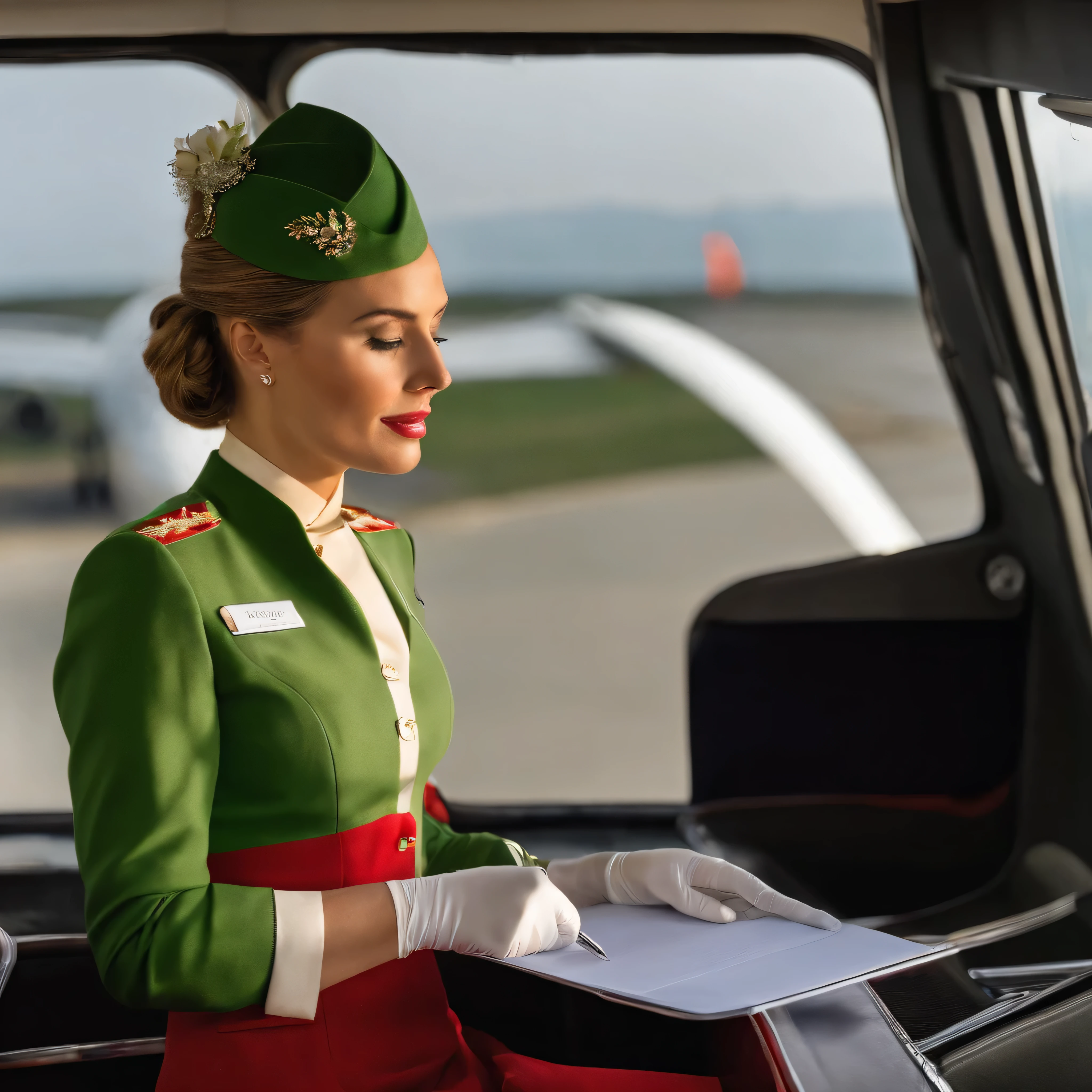 photograph of a 25-year-old Russian flight attendant, rosto perfeito, loira, de olhos verdes, taking notes on a clipboard before takeoff. Ela veste um uniforme vermelho com detalhes em branco, white silk hat and gloves.