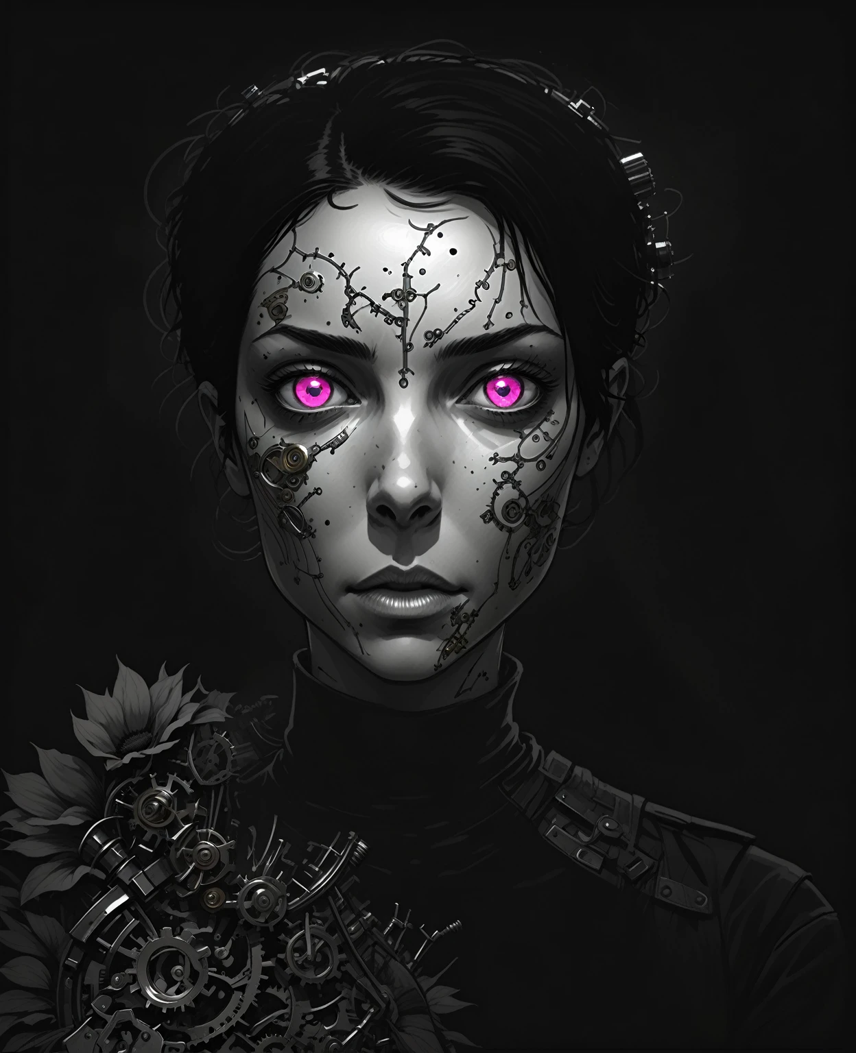 she (Short black hair girl, swept bangs to the side, glowing pink eyes) agrees every time in the same place, a field of sunflowers, splash page decompressed comic cover art, joelle jones style expressive ink comic, rich color grading, rotoscope hyperrealism, frederic delavier musculature anatomy detailed accurate precise illustration, internal mechanics of robotic, cinematic, chiaroscuro lighting, surreal, slender, partial side of head open filled with steampunk gears and machinery, detailed cogs and mechanisms, vertigo, overwhelming, intense, depth,
