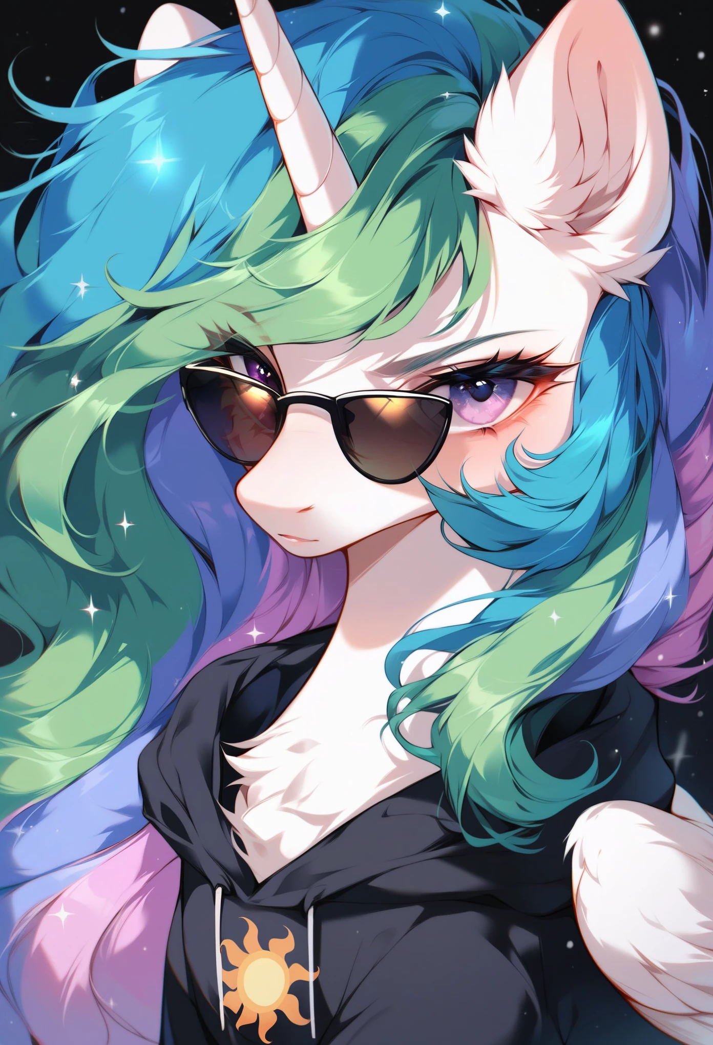 score_9, score_8_up, score_7_up, score_6_up, A serious female alicorn unicorn, Princess Celestia from My Little Pony, is depicted wearing a dark hoodie and sunglasses with tinted lenses that glow with the sunlight. Celestia's mane flows in a wavy pattern of pastel colors, with shades of blue, green, and pink blending into each other. She is looking at something out of the frame with a displeased expression. The setting is an urban environment with multi-story buildings, snow on the ground, and a clear winter day. In her outstretched magical aura, there is a smartphone with a snowflake logo on its back.