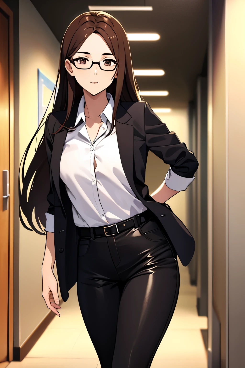 A woman in her 20s with long brown hair、Generate an image depicting a sexy math teacher with glasses。She is wearing a white shirt and black pants.、Wearing a black leather belt。Set the background as a school hallway。
