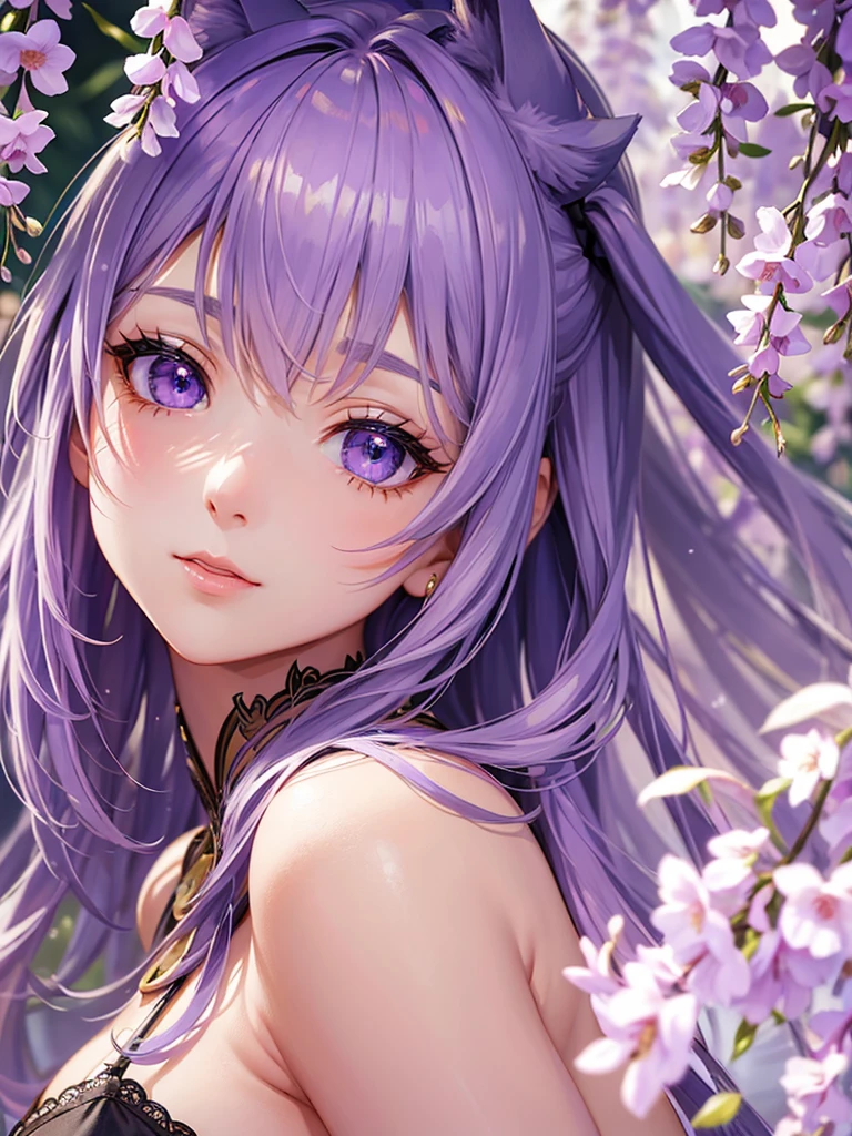 anime style, very fine illustration, high detail, dynamic foreshortening, great detail, 8k, Wisteria trees quietly shine on a spring night, illuminated by city lights. BREAK The woman stands motionless, fascinated by the beautiful scene, watching the wisteria flowers fall. The expression on her face says that she is sincerely delighted with the arrival of spring and the beauty of the flowering wisteria. very good illustration, High detail, dynamic angle, beautiful detailing,2D, (Best quality, masterpiece, Beauty, tenderness), Anime, Highly detailed face, very detailed eyes, Highly detailed hands, very detailed hands, very detailed background, Ideal lighting, Whole body, 1 girl, One, (Very detailed cat ears), (Very detailed ears behind the hair), Finely detailed eyes, ears covered with hair,
