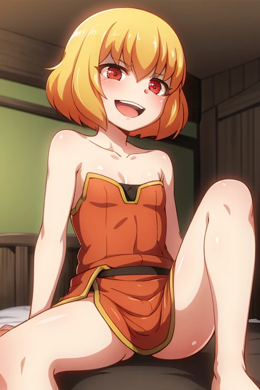 ((highest quality)), ((masterpiece)), (be familiar with), Perfect Face, indoor, Bedroom, Watching the audience,
One woman, Clementine,
Open Mouth, Ecstatic expression, blush, smile,
Small breasts, Flat Chest, Young Girl, , , Girl,
Short Hair, Golden Hair, Red eyes, Short Bob,
Leg spread,