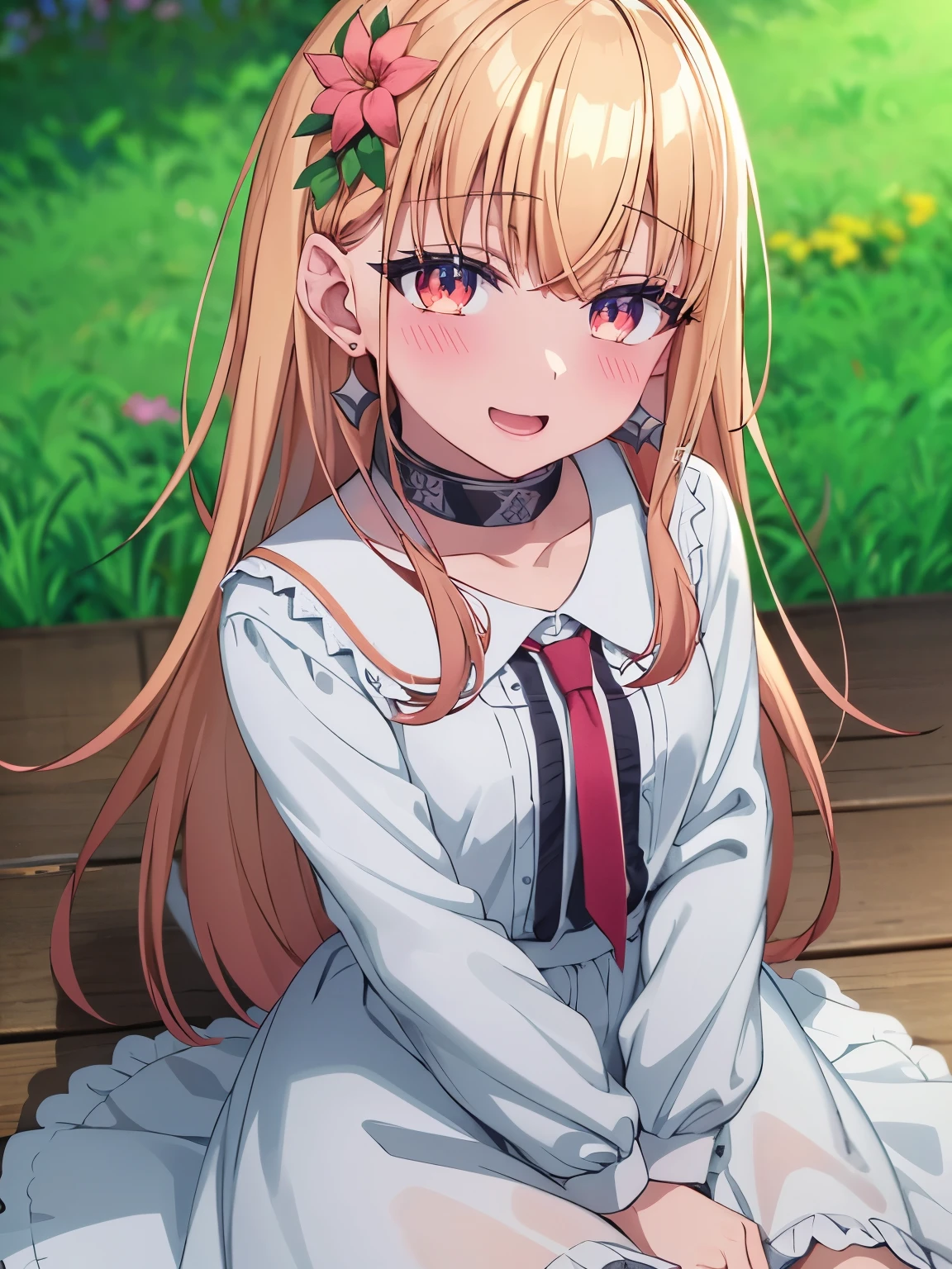 score_9, score_8_up, score_7_up, intricate details,
1girl, jyesu, sono bisque doll wa koi wo suru, blonde hair, red eyes, ear piercing, barbell piercing, black choker, collared shirt, white shirt, earrings, blue necktie, grin, v, 1girl, solo, flower, blonde hair, smile, open mouth, hair ornament, looking at viewer, holding, dress, hair flower, sitting, white dress, blush, floral print, :d, wariza, blue flower, long hair, holding flower, bangs, colorful, multicolored eyes, red flower, short sleeves, yellow flower, pink flower, from above, frills, holding bouquet, flower field, purple flower, frilled dress, bouquet, red eyes, white flower, hair between eyes, jyesu, seifuku, serafuku, sailoruniform, cute face, vivid background, 